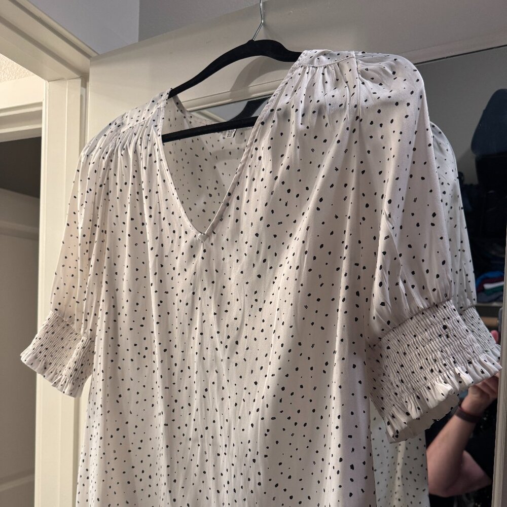 Beautiful light weight white with black dots top